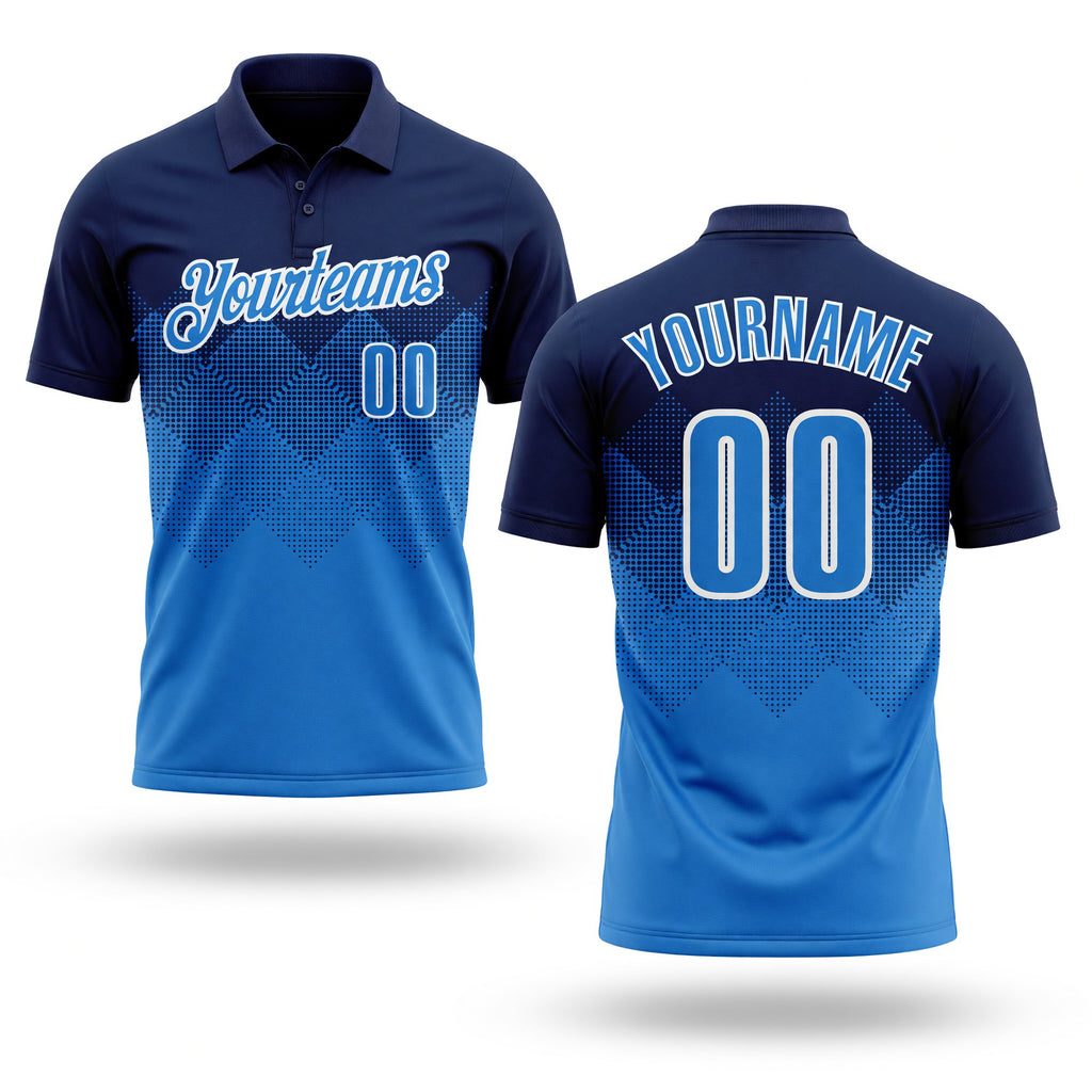 Custom Navy Powder Blue-White 3D Pattern Design Gradient Square Shape Performance Polo Shirt