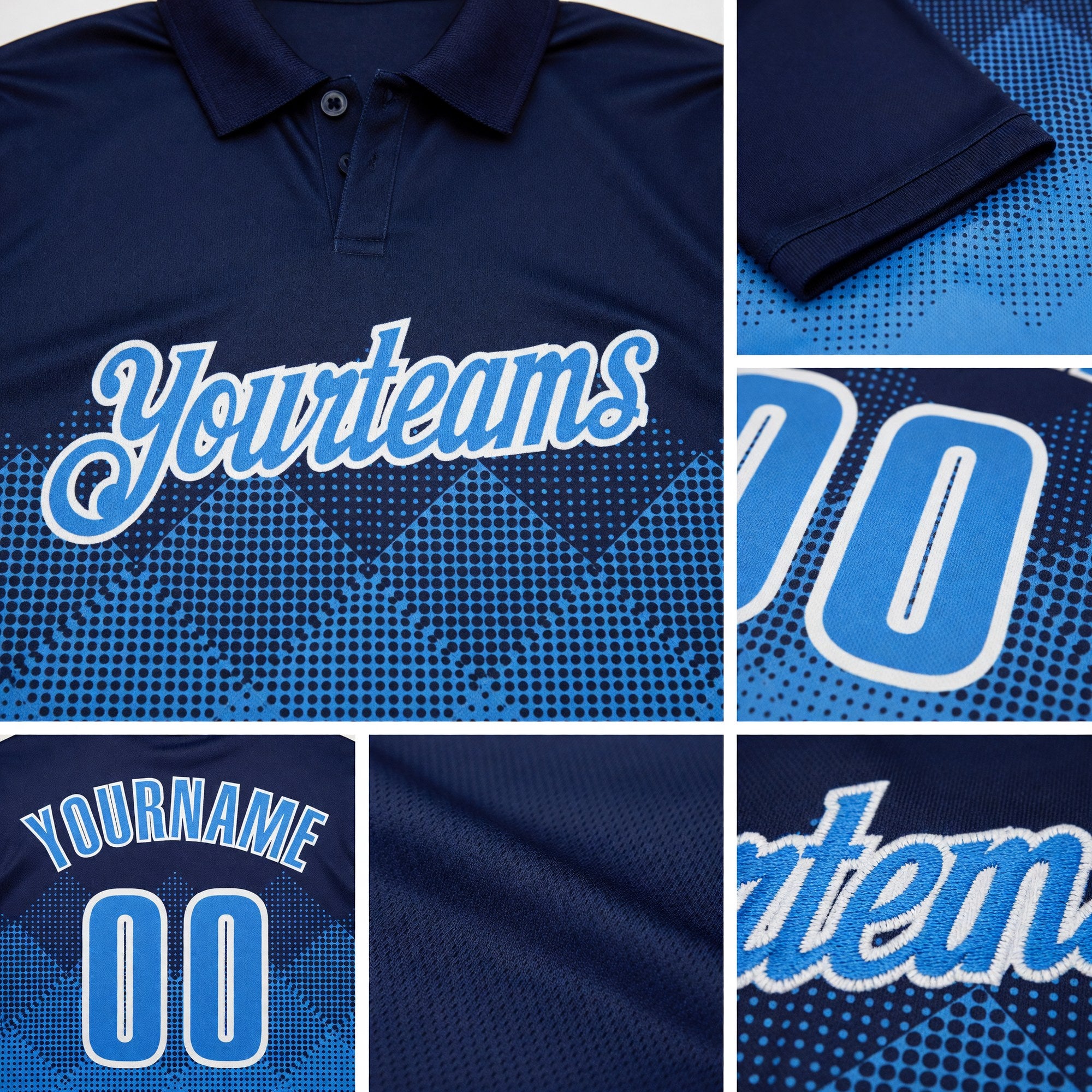 Custom Navy Powder Blue-White 3D Pattern Design Gradient Square Shape Performance Polo Shirt detail