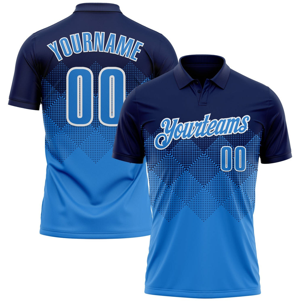 Custom Navy Powder Blue-White 3D Pattern Design Gradient Square Shape Performance Polo Shirt photo 1