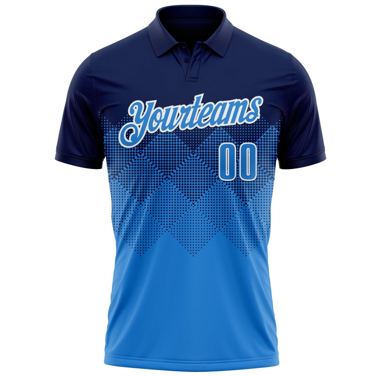 Custom Navy Powder Blue-White 3D Pattern Design Gradient Square Shape Performance Polo Shirt photo 2