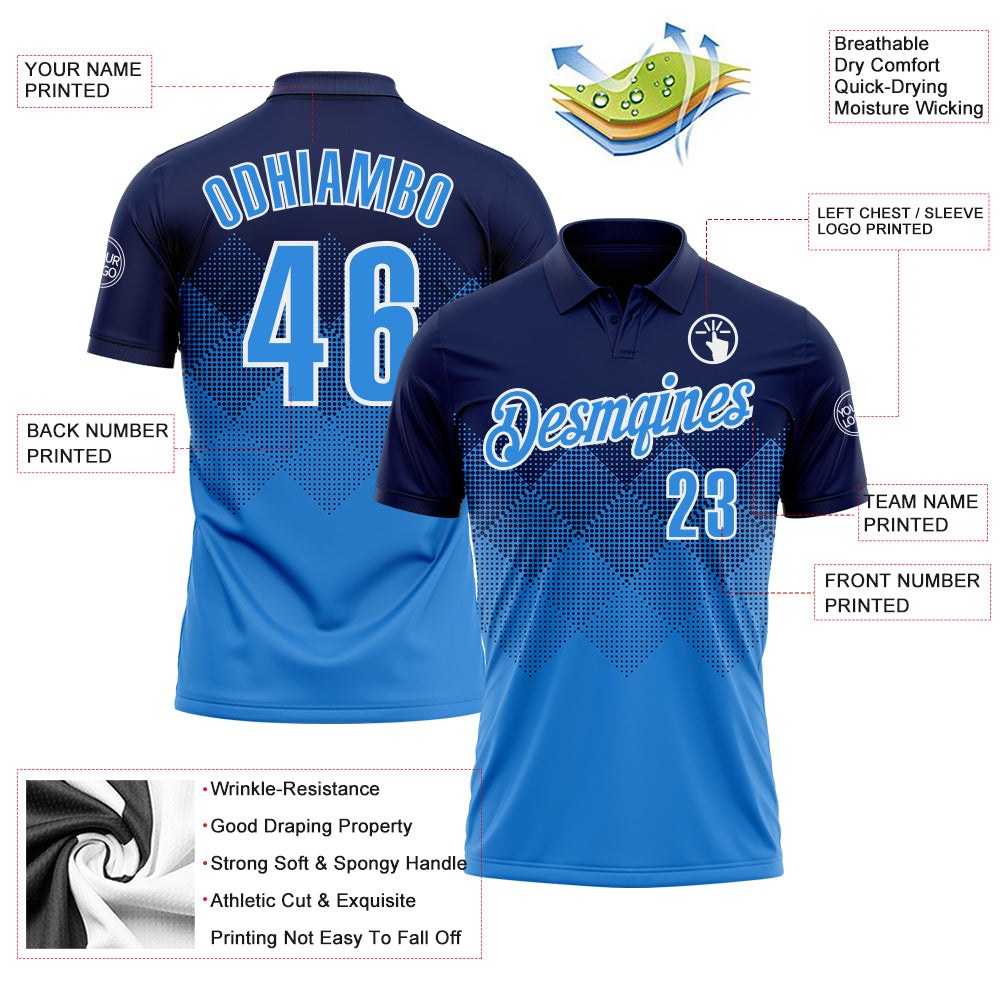 Custom Navy Powder Blue-White 3D Pattern Design Gradient Square Shape Performance Polo Shirt photo 3