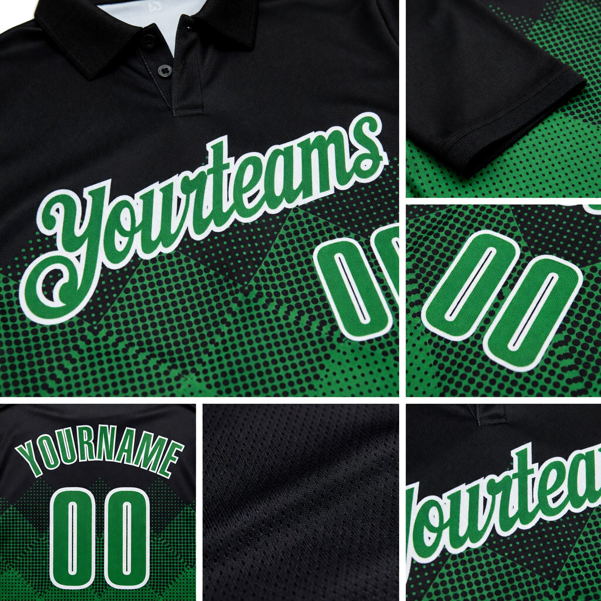 Custom Black Grass Green-White 3D Pattern Design Gradient Square Shape Performance Polo Shirt detail