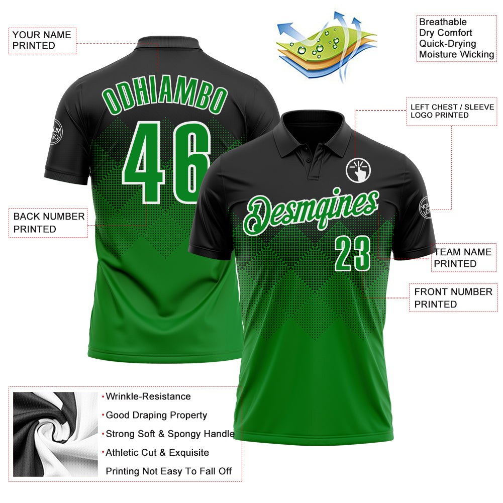 Custom Black Grass Green-White 3D Pattern Design Gradient Square Shape Performance Polo Shirt photo 3