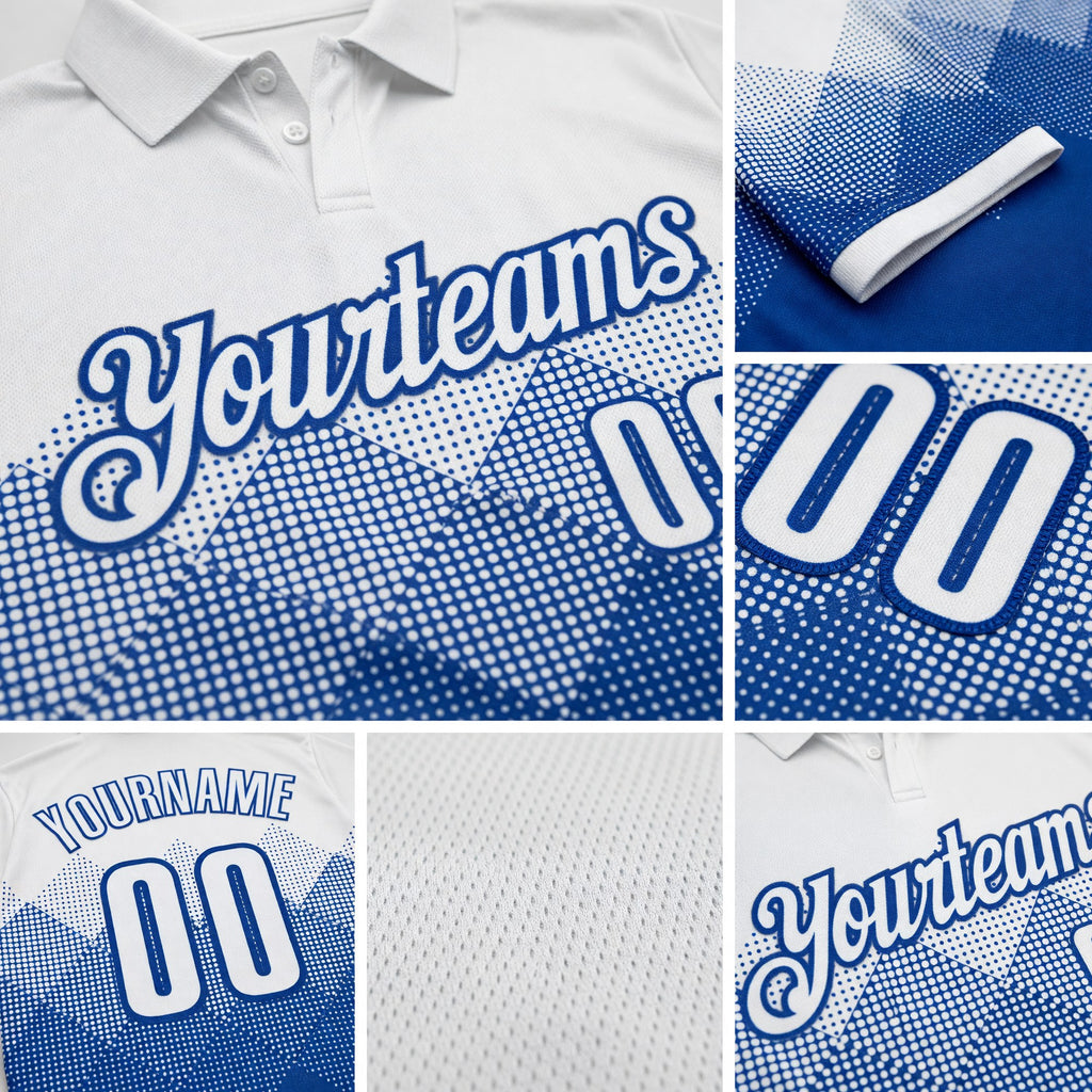 Custom White Royal 3D Pattern Design Gradient Square Shape Performance Polo Shirt detail