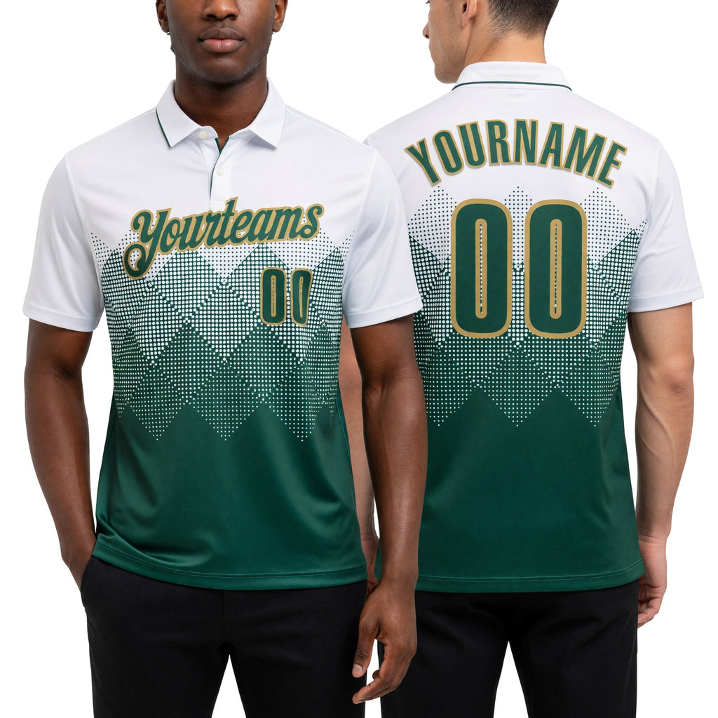 Custom White Green-Old Gold 3D Pattern Design Gradient Square Shape Performance Polo Shirt worn front and back