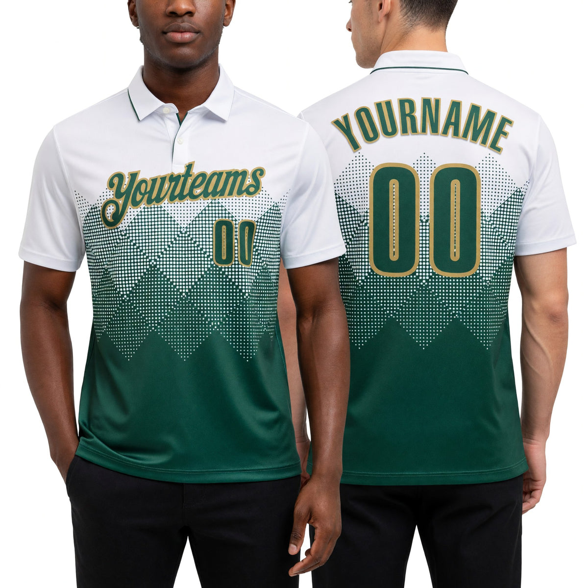 Custom White Green-Old Gold 3D Pattern Design Gradient Square Shape Performance Polo Shirt worn front and back