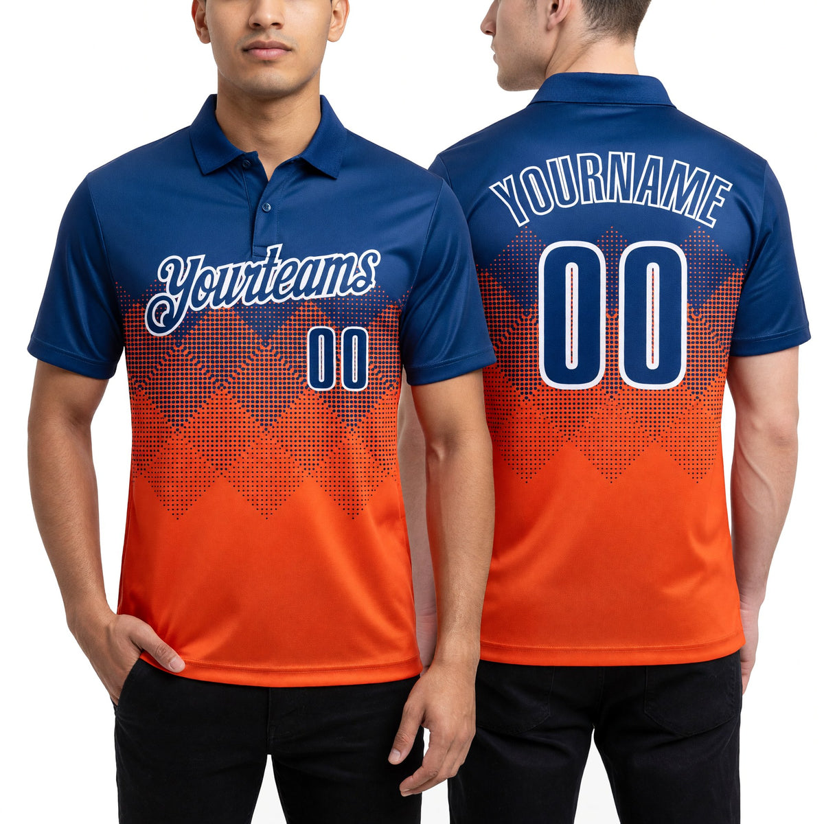 Custom Royal Orange-White 3D Pattern Design Gradient Square Shape Performance Polo Shirt worn front and back