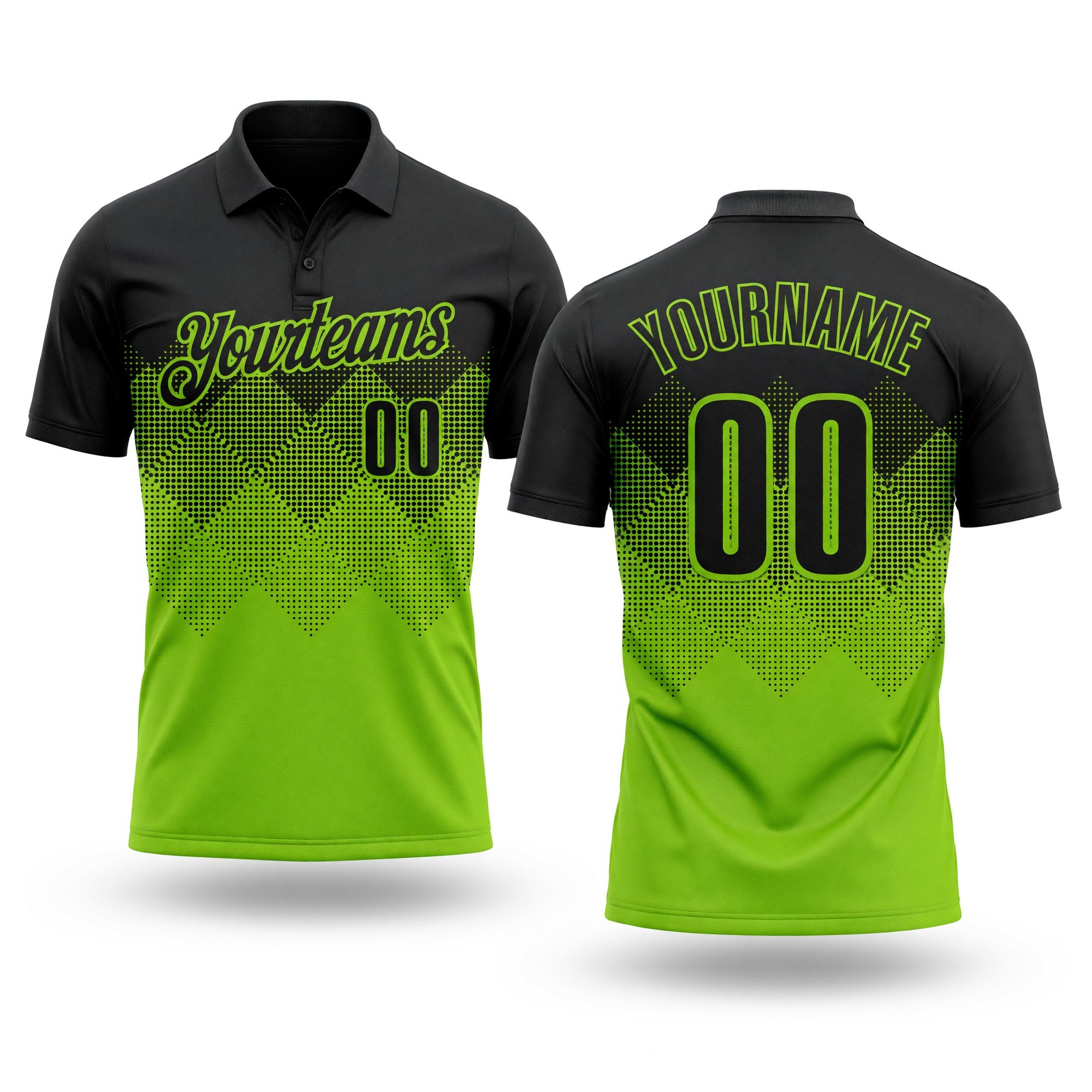 Custom Black Neon Green 3D Pattern Design Gradient Square Shape Performance Polo Shirt