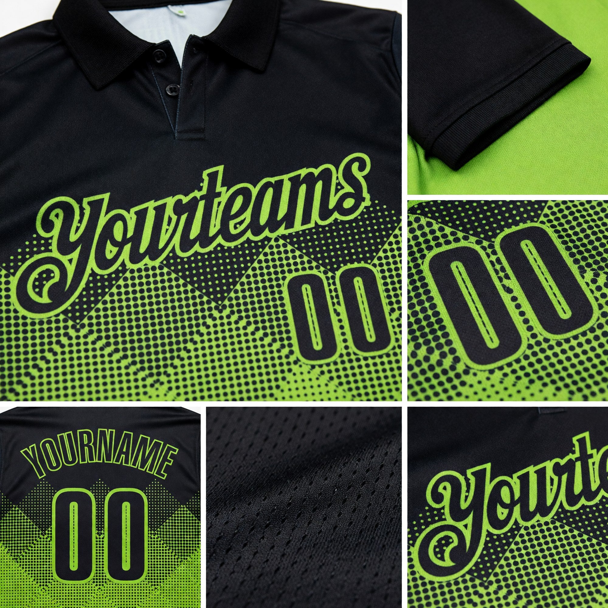 Custom Black Neon Green 3D Pattern Design Gradient Square Shape Performance Polo Shirt detail