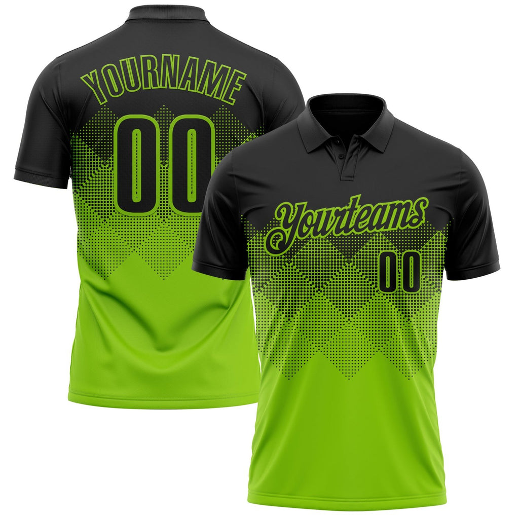 Custom Black Neon Green 3D Pattern Design Gradient Square Shape Performance Polo Shirt photo 1