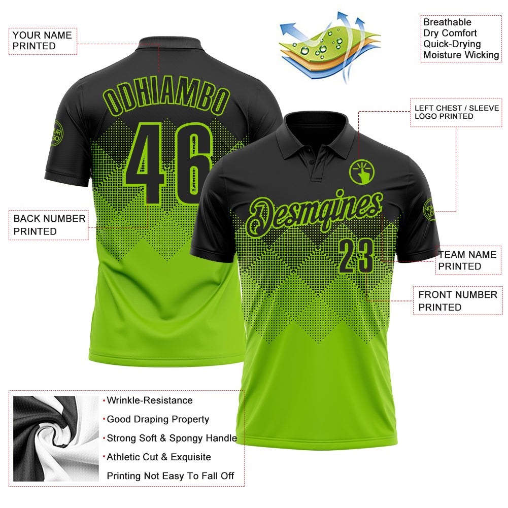 Custom Black Neon Green 3D Pattern Design Gradient Square Shape Performance Polo Shirt photo 3