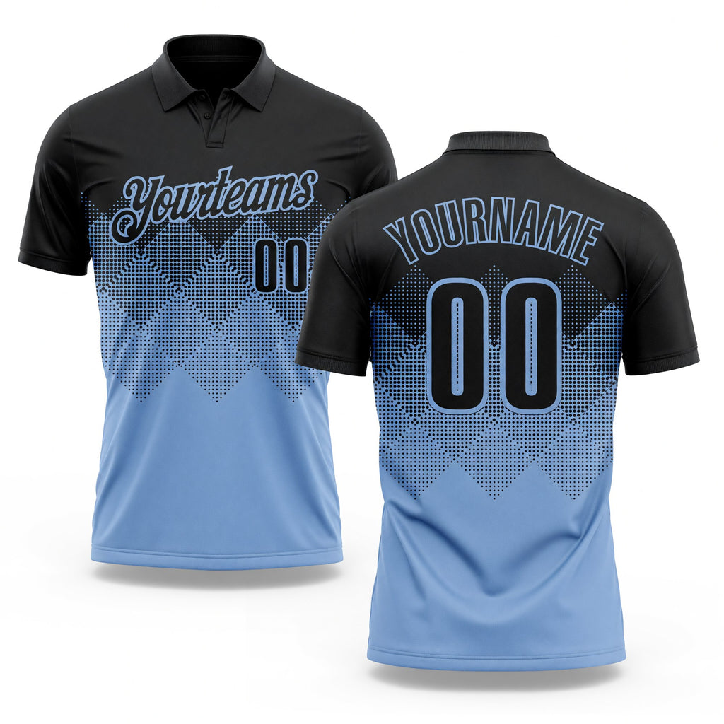 Custom Black Light Blue 3D Pattern Design Gradient Square Shape Performance Polo Shirt