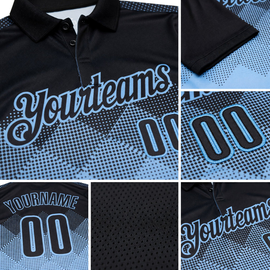 Custom Black Light Blue 3D Pattern Design Gradient Square Shape Performance Polo Shirt detail