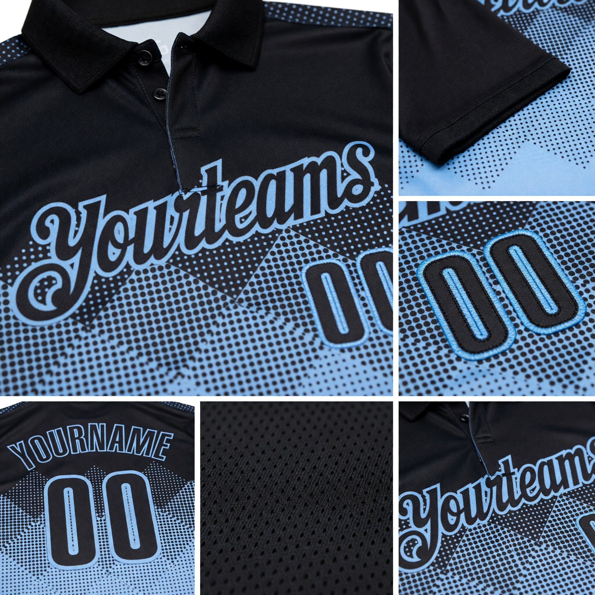 Custom Black Light Blue 3D Pattern Design Gradient Square Shape Performance Polo Shirt detail
