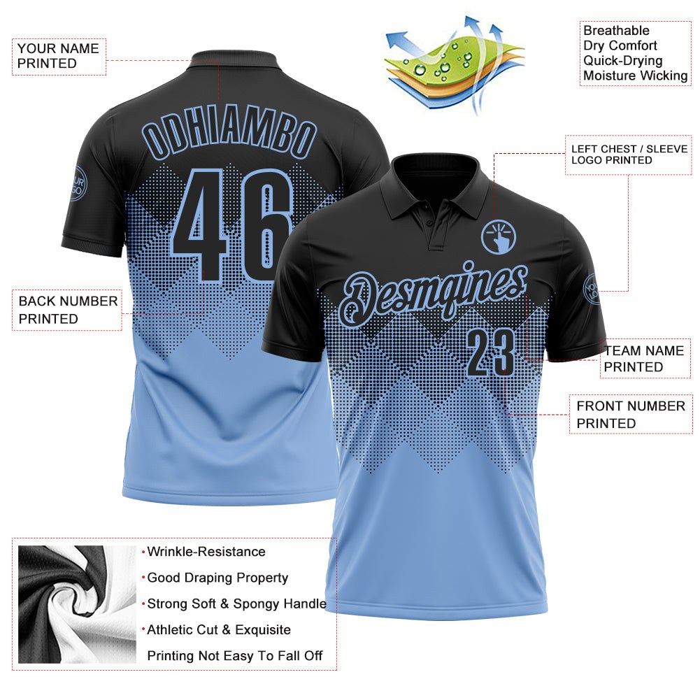 Custom Black Light Blue 3D Pattern Design Gradient Square Shape Performance Polo Shirt photo 3