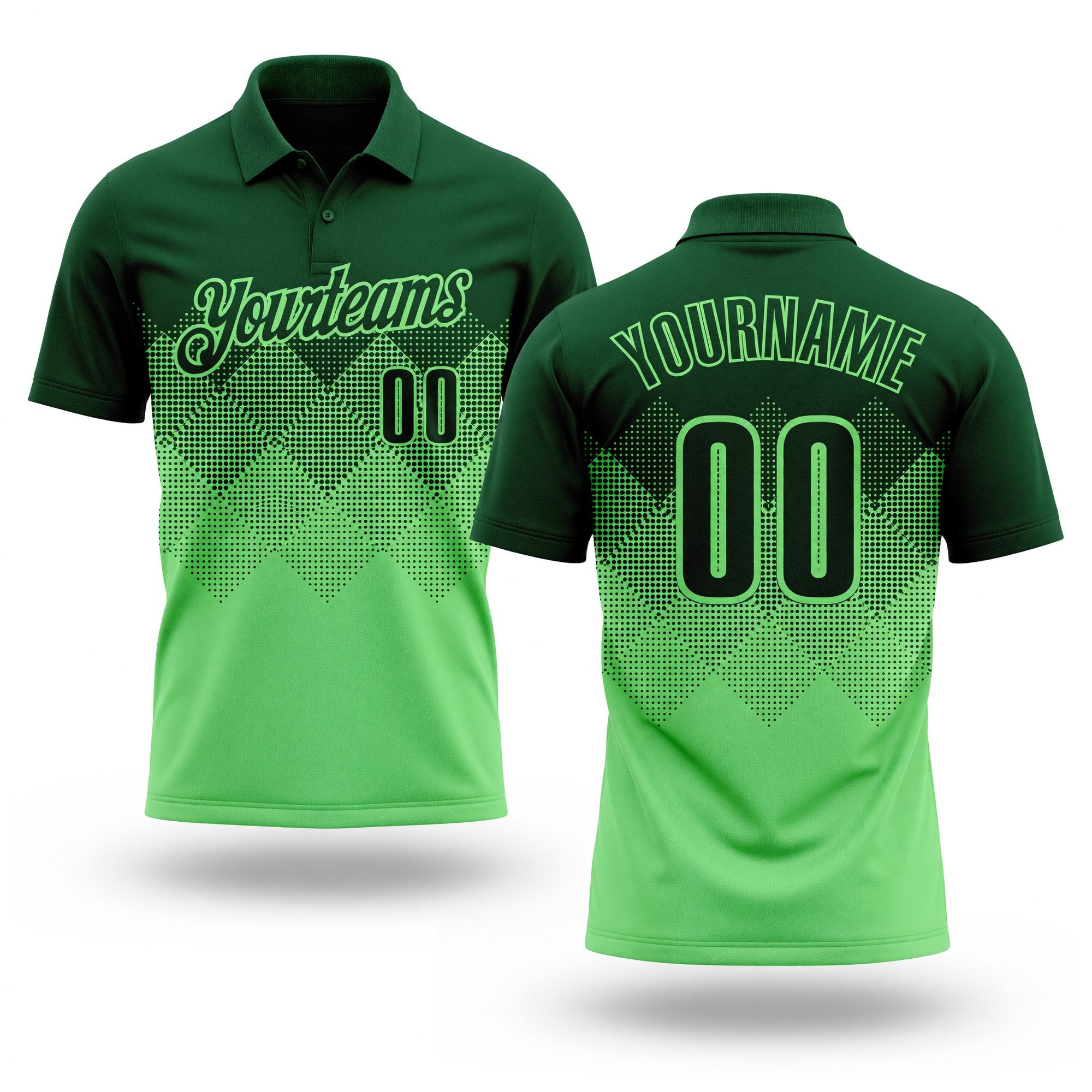 Custom Green Pea Green 3D Pattern Design Gradient Square Shape Performance Polo Shirt