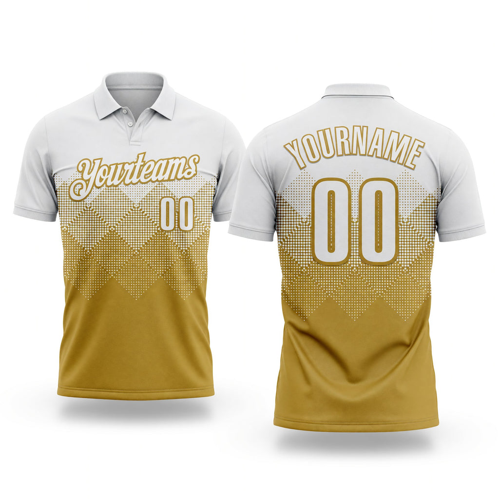Custom White Old Gold 3D Pattern Design Gradient Square Shape Performance Polo Shirt