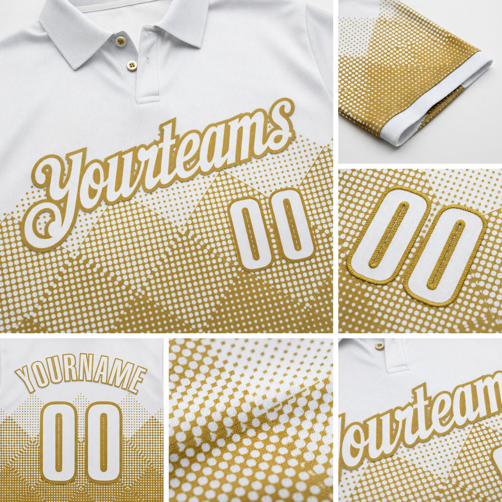Custom White Old Gold 3D Pattern Design Gradient Square Shape Performance Polo Shirt detail