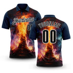 Custom Navy Black-White 3D Bowling Burning Flame Performance Polo Shirt