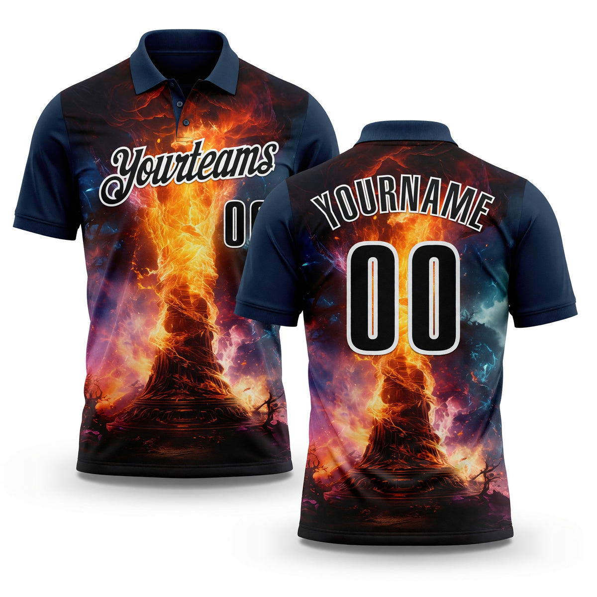 Custom Navy Black-White 3D Bowling Burning Flame Performance Polo Shirt