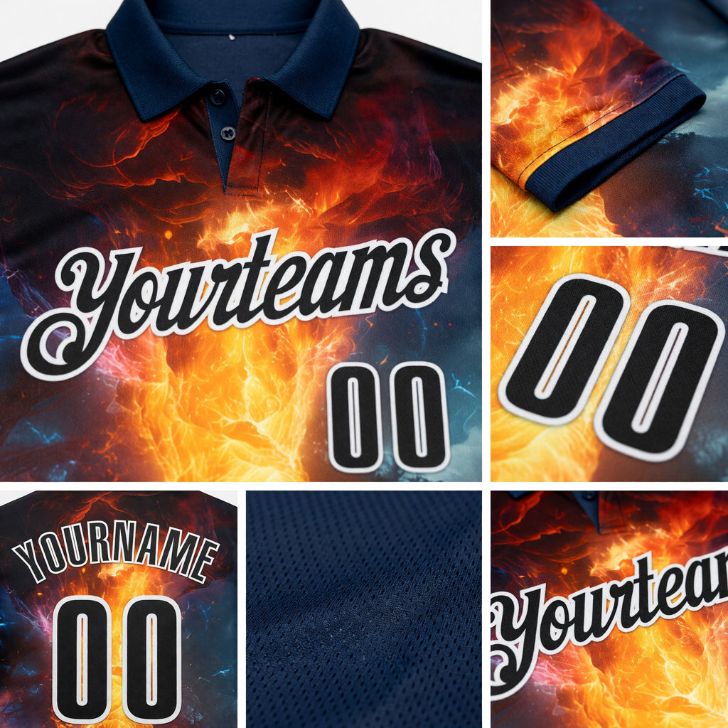Custom Navy Black-White 3D Bowling Burning Flame Performance Polo Shirt detail