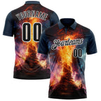 Custom Navy Black-White 3D Bowling Burning Flame Performance Polo Shirt photo 1