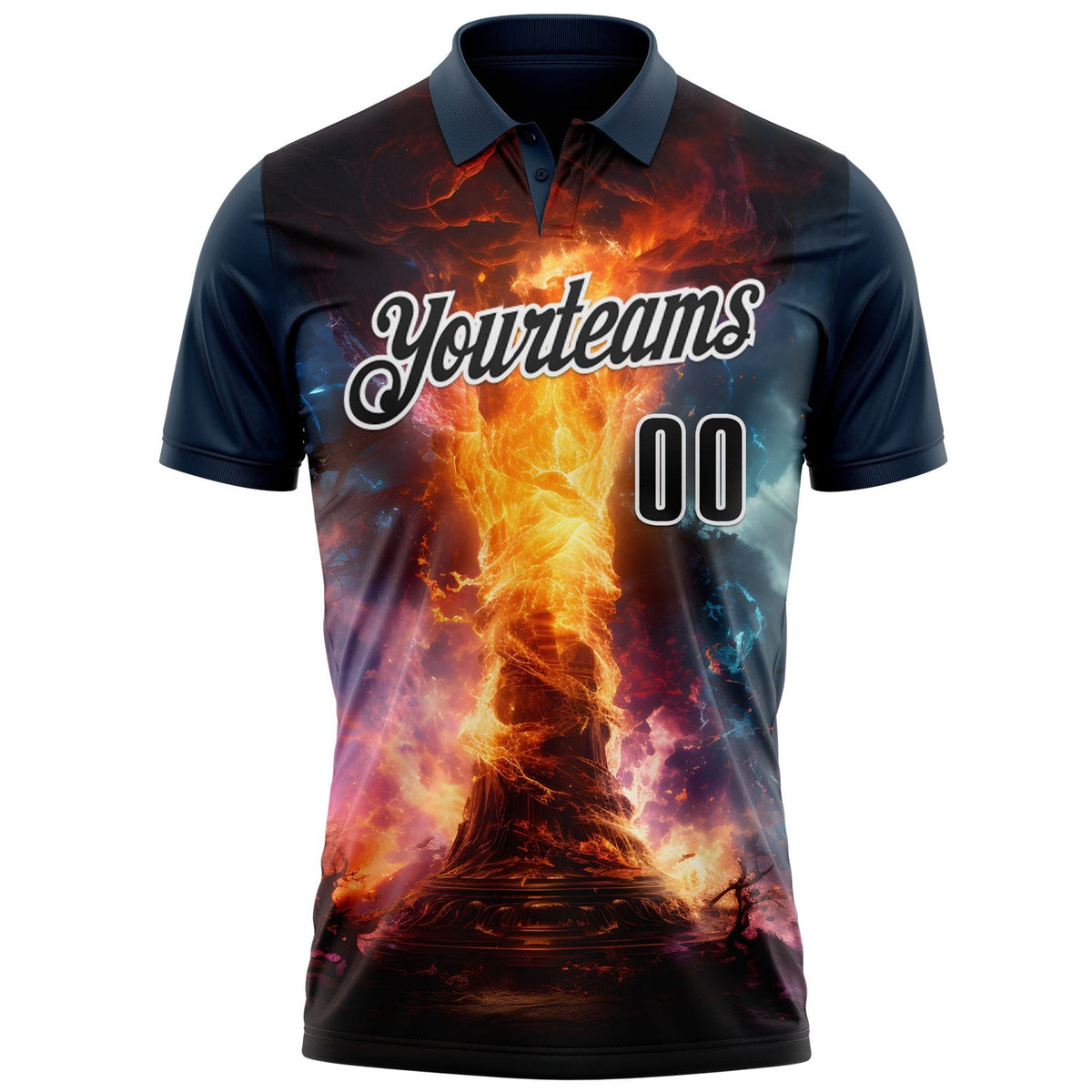 Custom Navy Black-White 3D Bowling Burning Flame Performance Polo Shirt photo 2