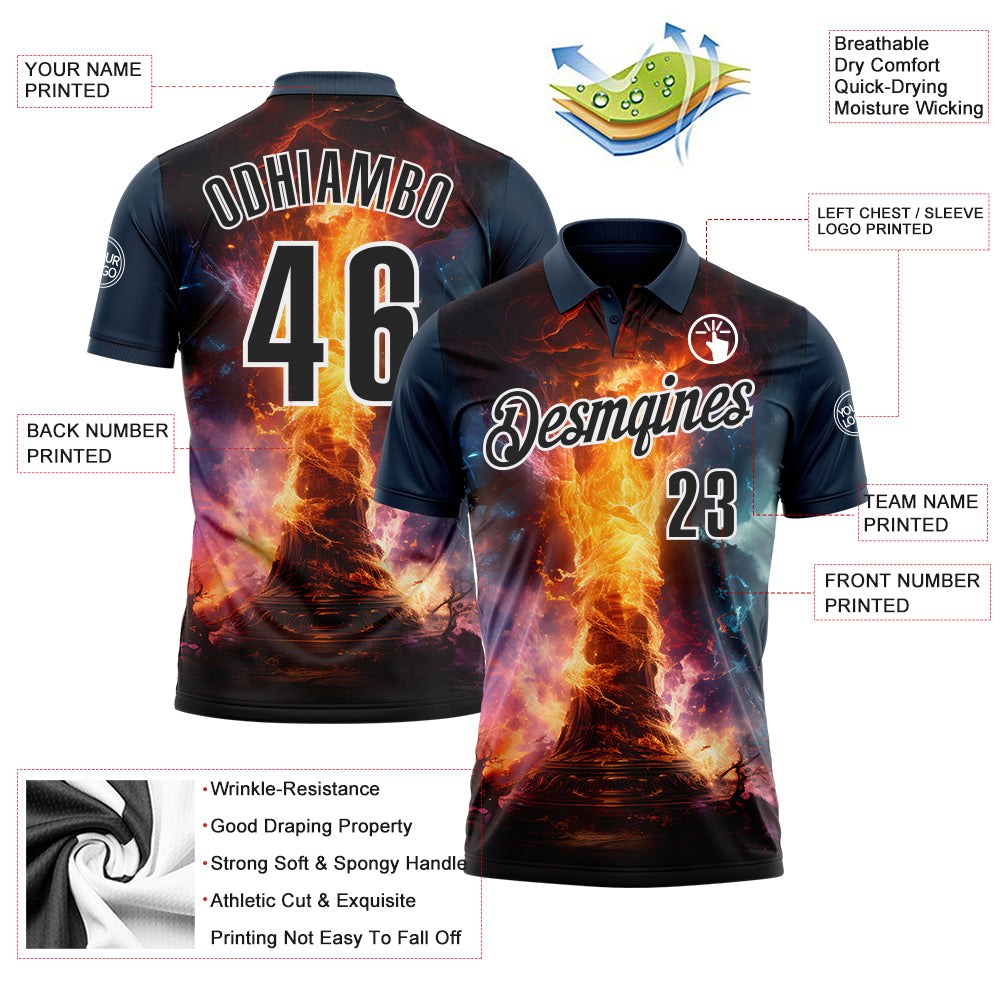 Custom Navy Black-White 3D Bowling Burning Flame Performance Polo Shirt photo 3