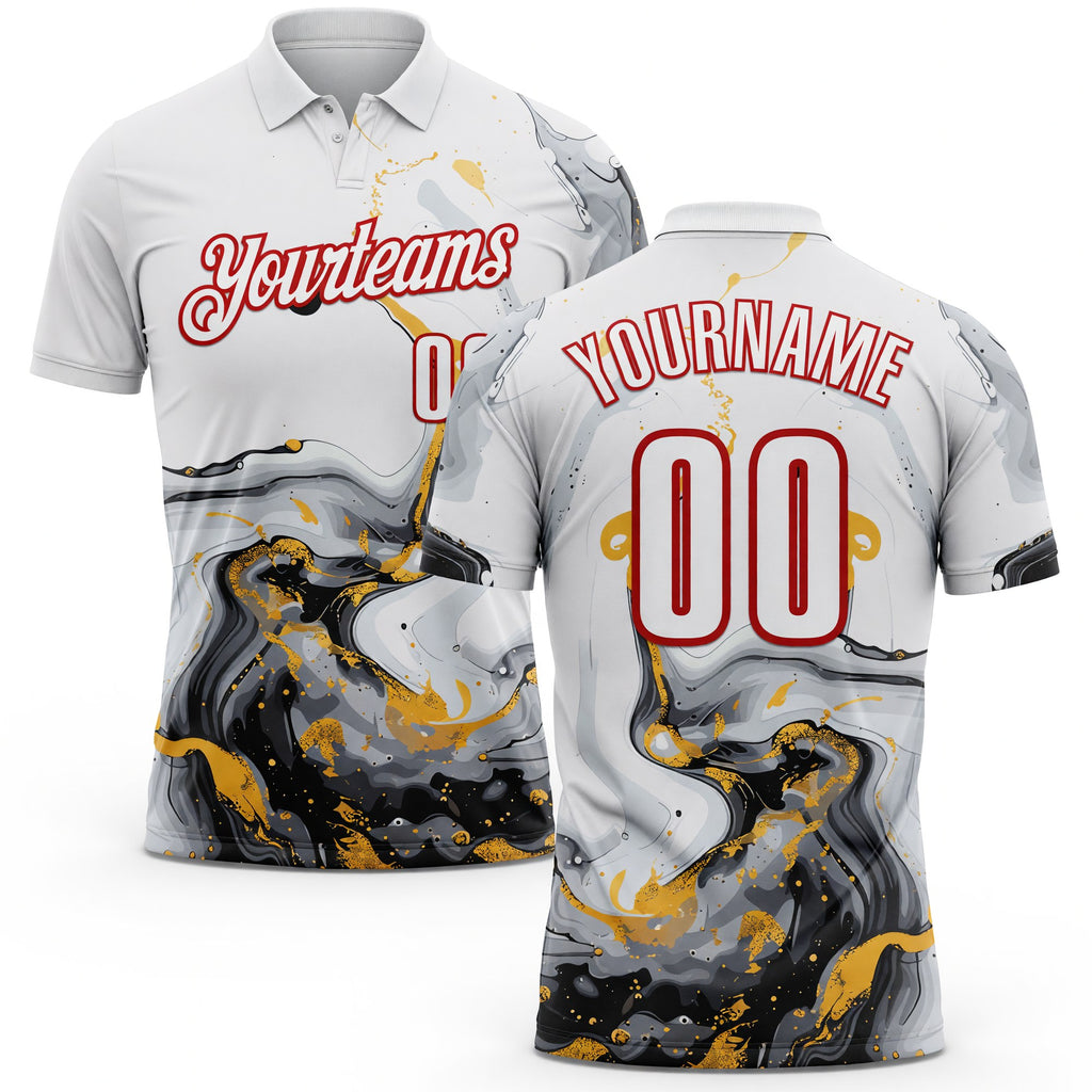 Custom White Red 3D Bowling Fluid Performance Polo Shirt