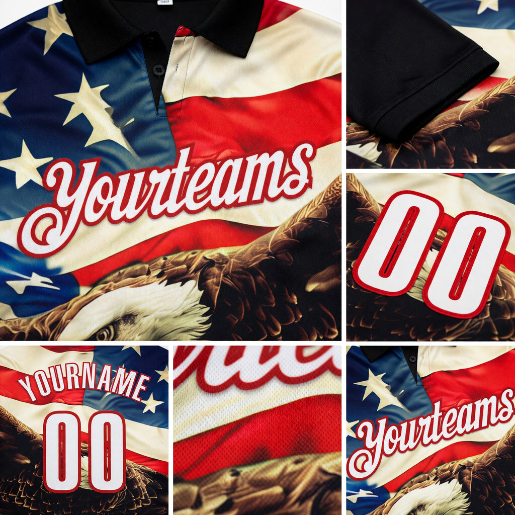 Custom Black White Red 3D Bowling American Flag Eagle Performance Polo Shirt detail