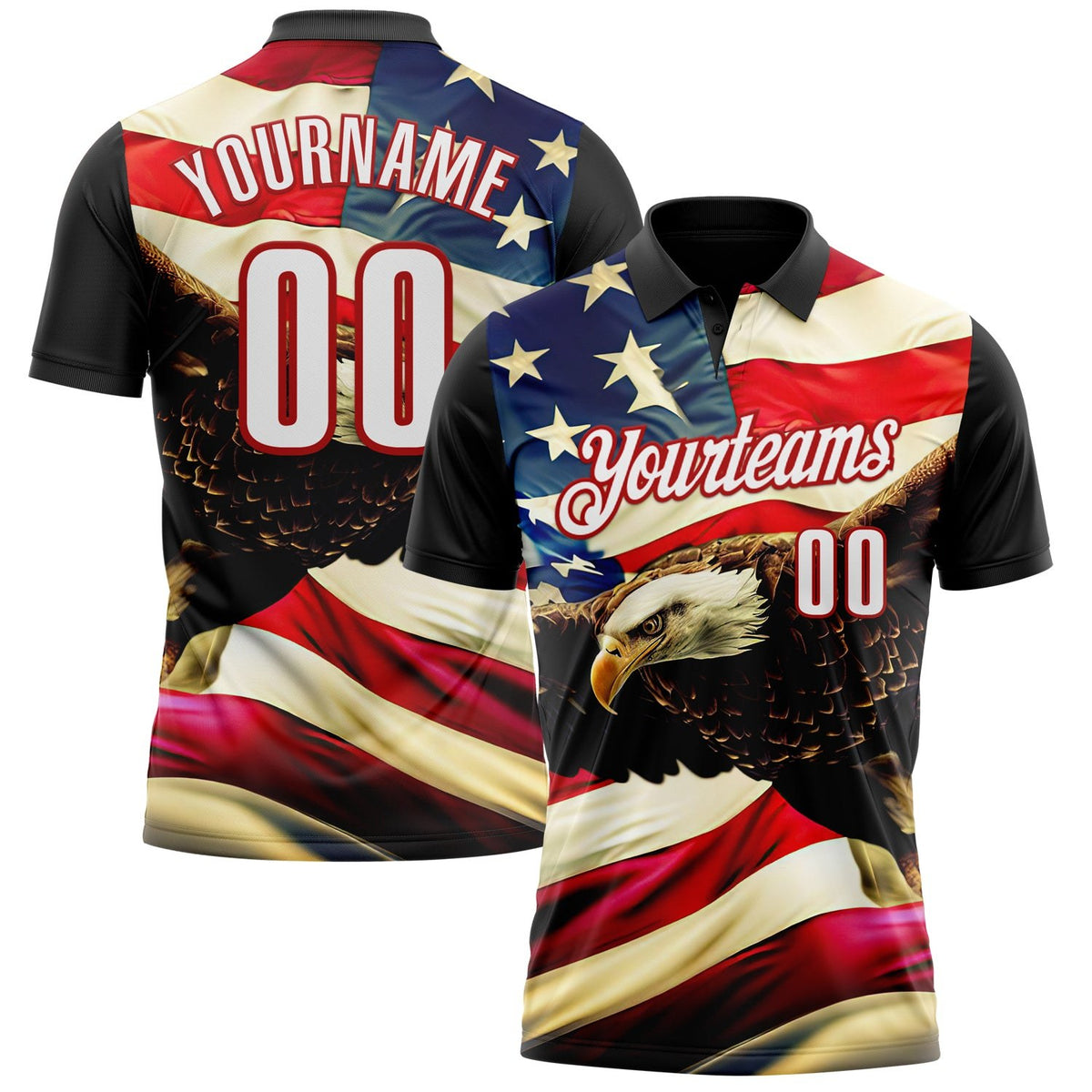 Custom Black White Red 3D Bowling American Flag Eagle Performance Polo Shirt photo 1