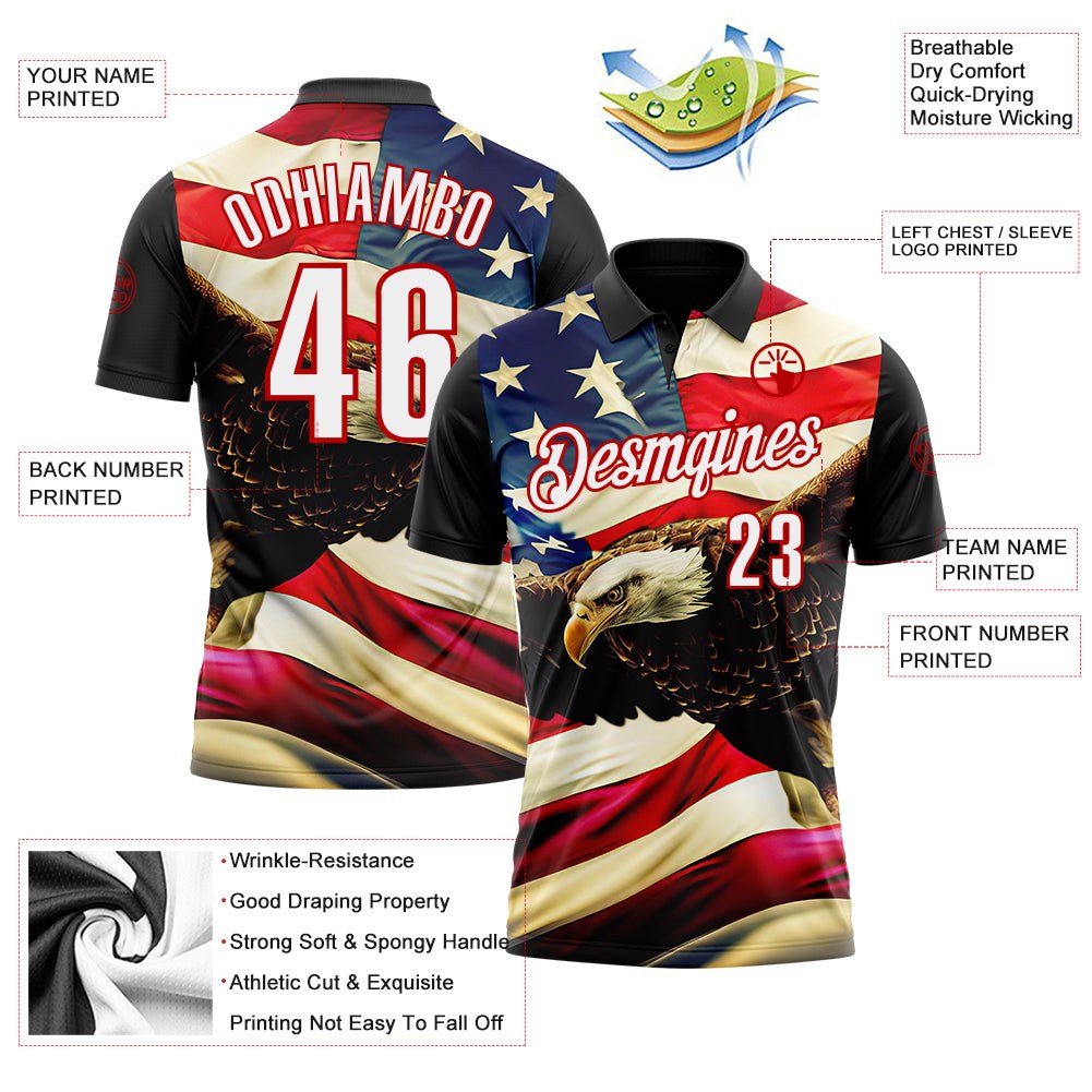 Custom Black White Red 3D Bowling American Flag Eagle Performance Polo Shirt photo 3