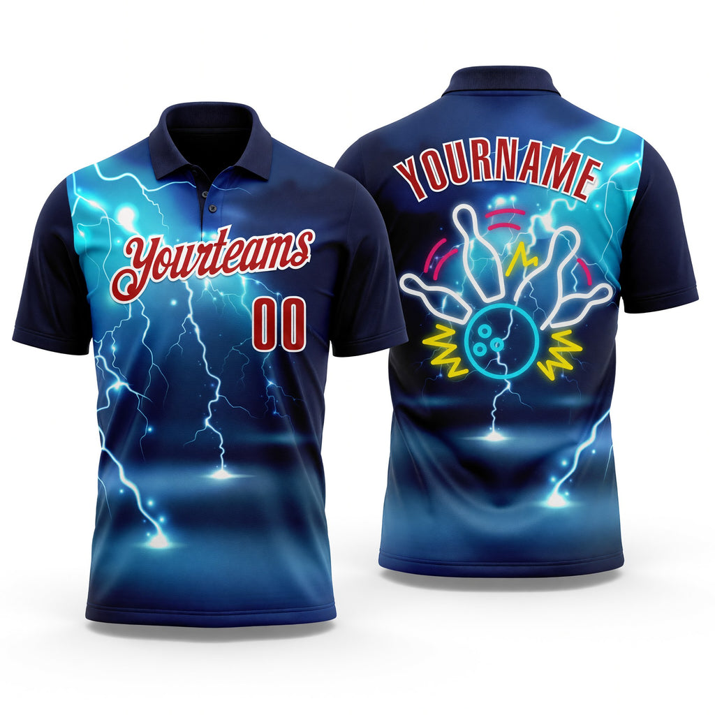 Custom Navy Red-White 3D Bowling Lightning Performance Polo Shirt