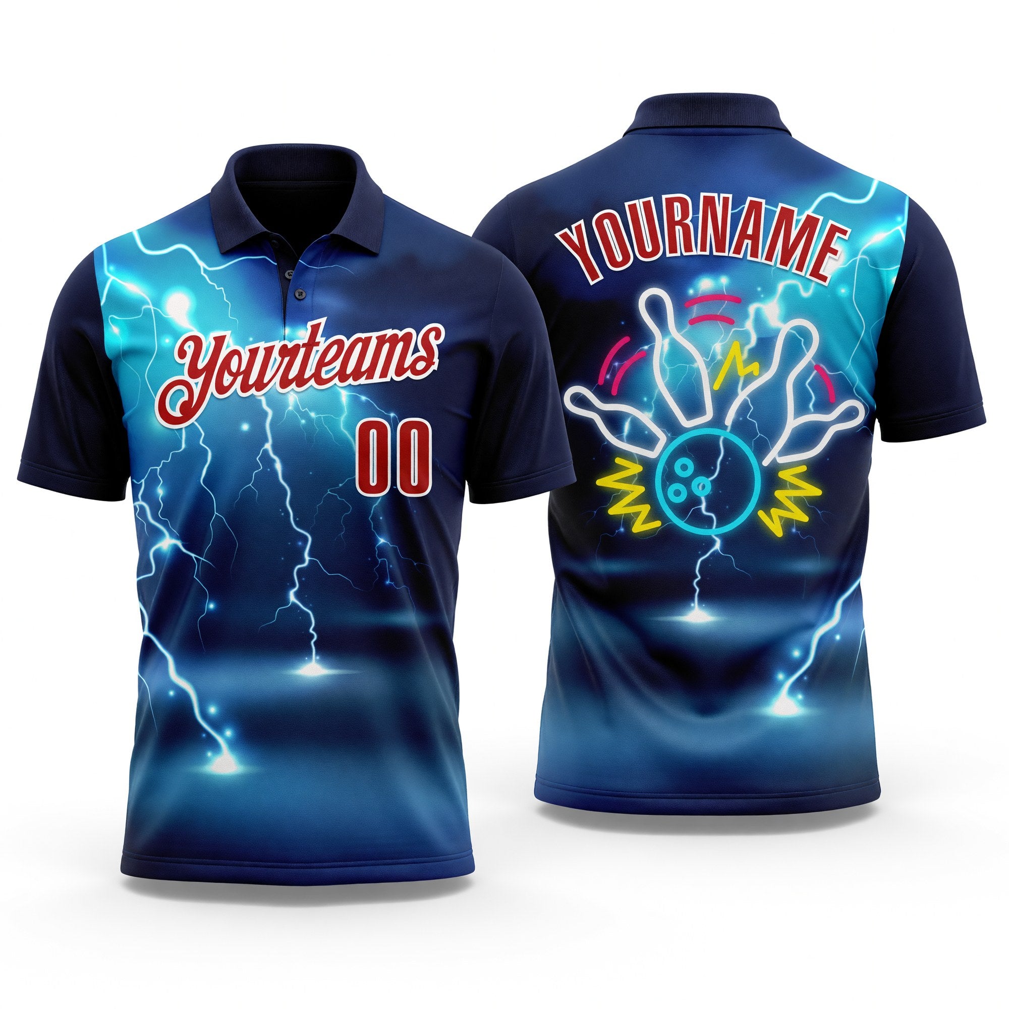 Custom Navy Red-White 3D Bowling Lightning Performance Polo Shirt