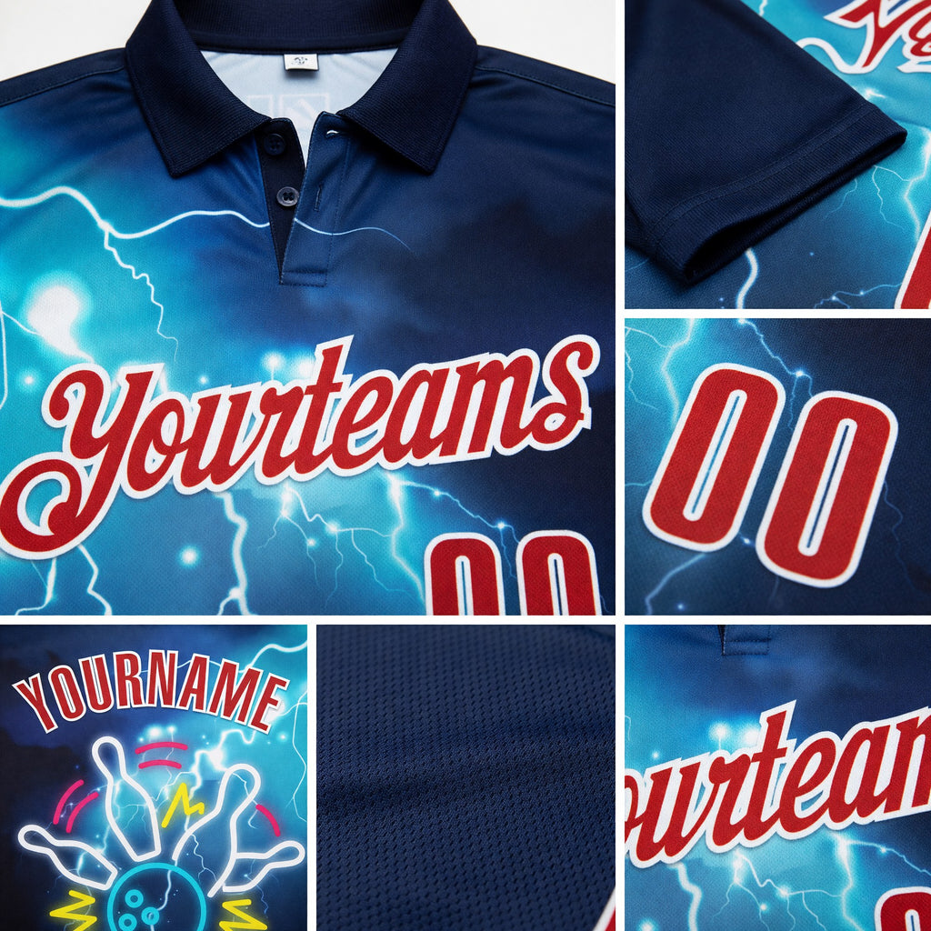 Custom Navy Red-White 3D Bowling Lightning Performance Polo Shirt detail