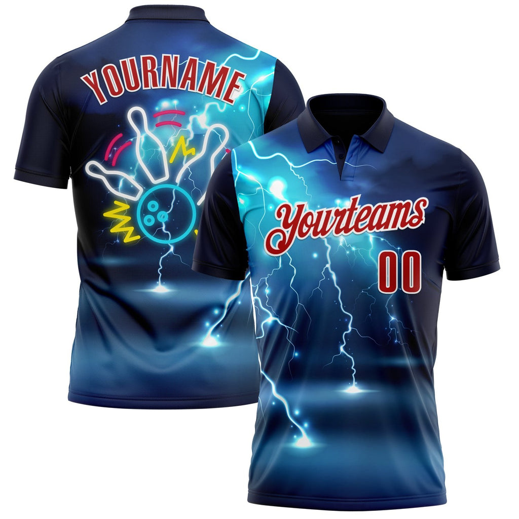 Custom Navy Red-White 3D Bowling Lightning Performance Polo Shirt photo 1