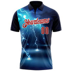 Custom Navy Red-White 3D Bowling Lightning Performance Polo Shirt photo 2
