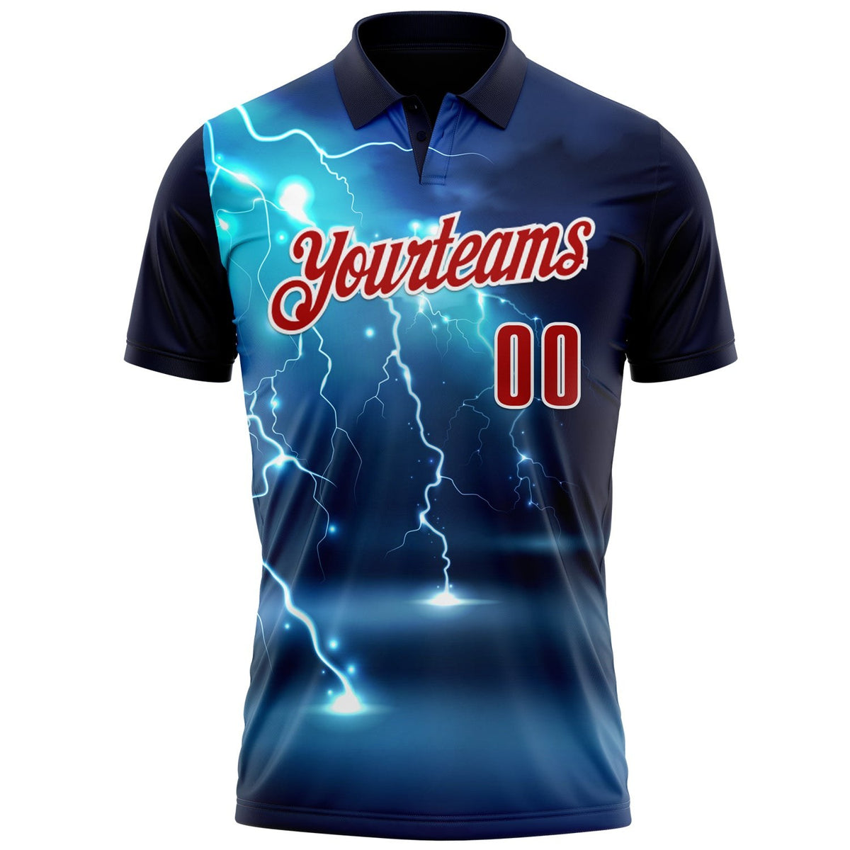 Custom Navy Red-White 3D Bowling Lightning Performance Polo Shirt photo 2