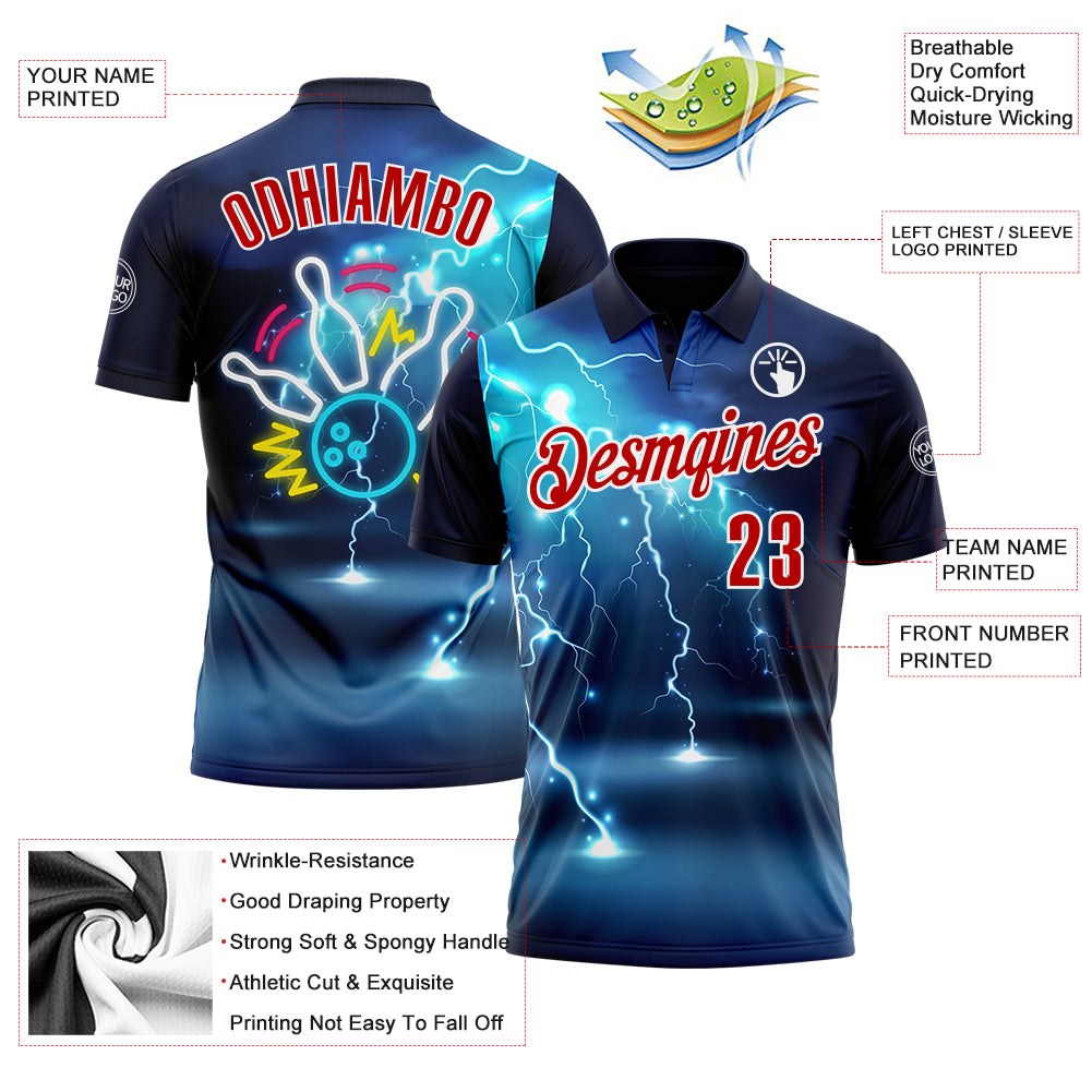 Custom Navy Red-White 3D Bowling Lightning Performance Polo Shirt photo 3