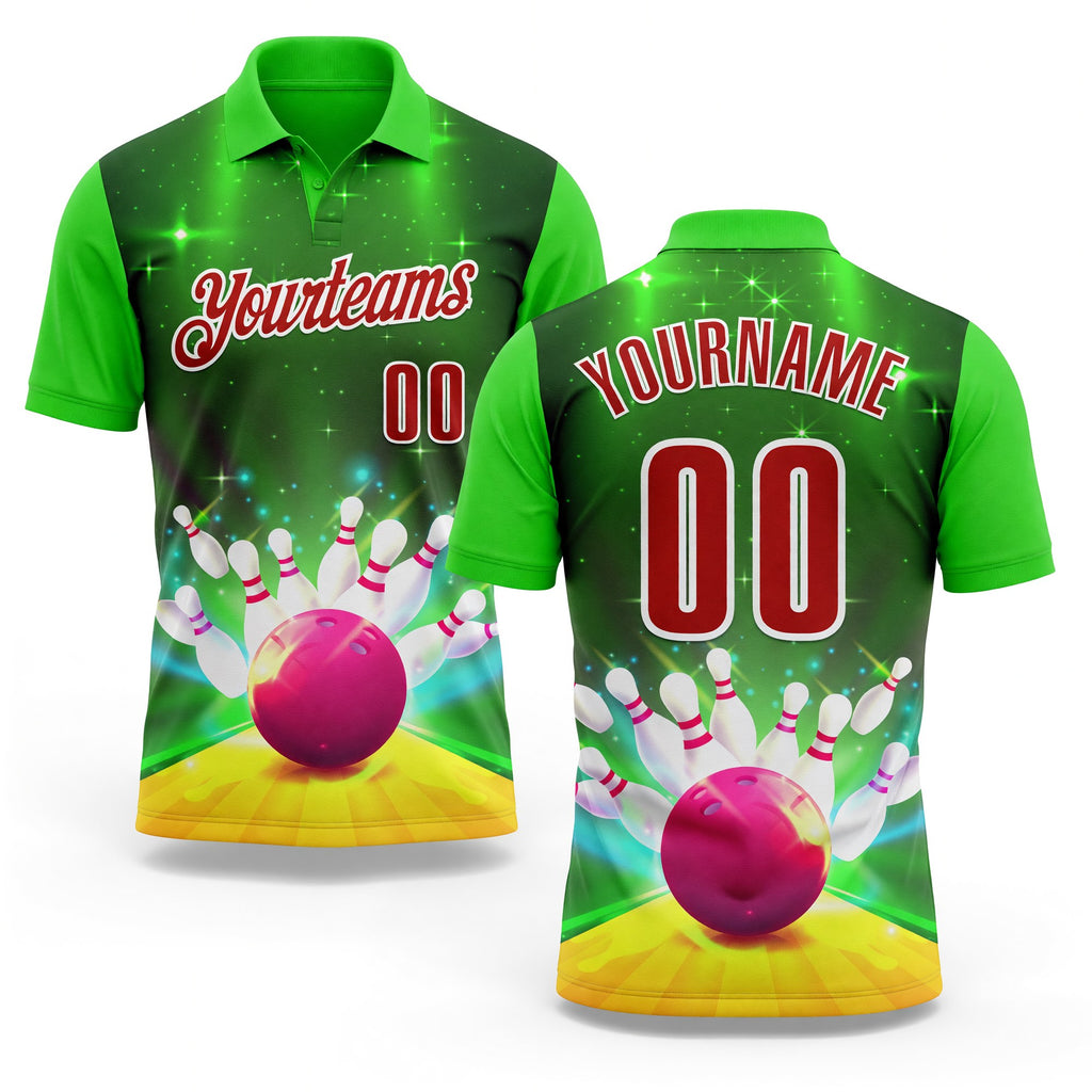 Custom Green Red-White 3D Bowling Bright Star Performance Polo Shirt