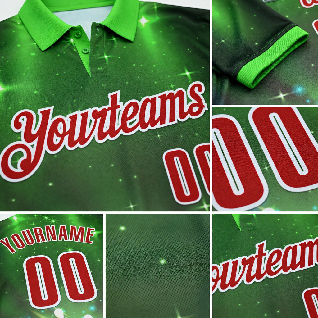Custom Green Red-White 3D Bowling Bright Star Performance Polo Shirt detail