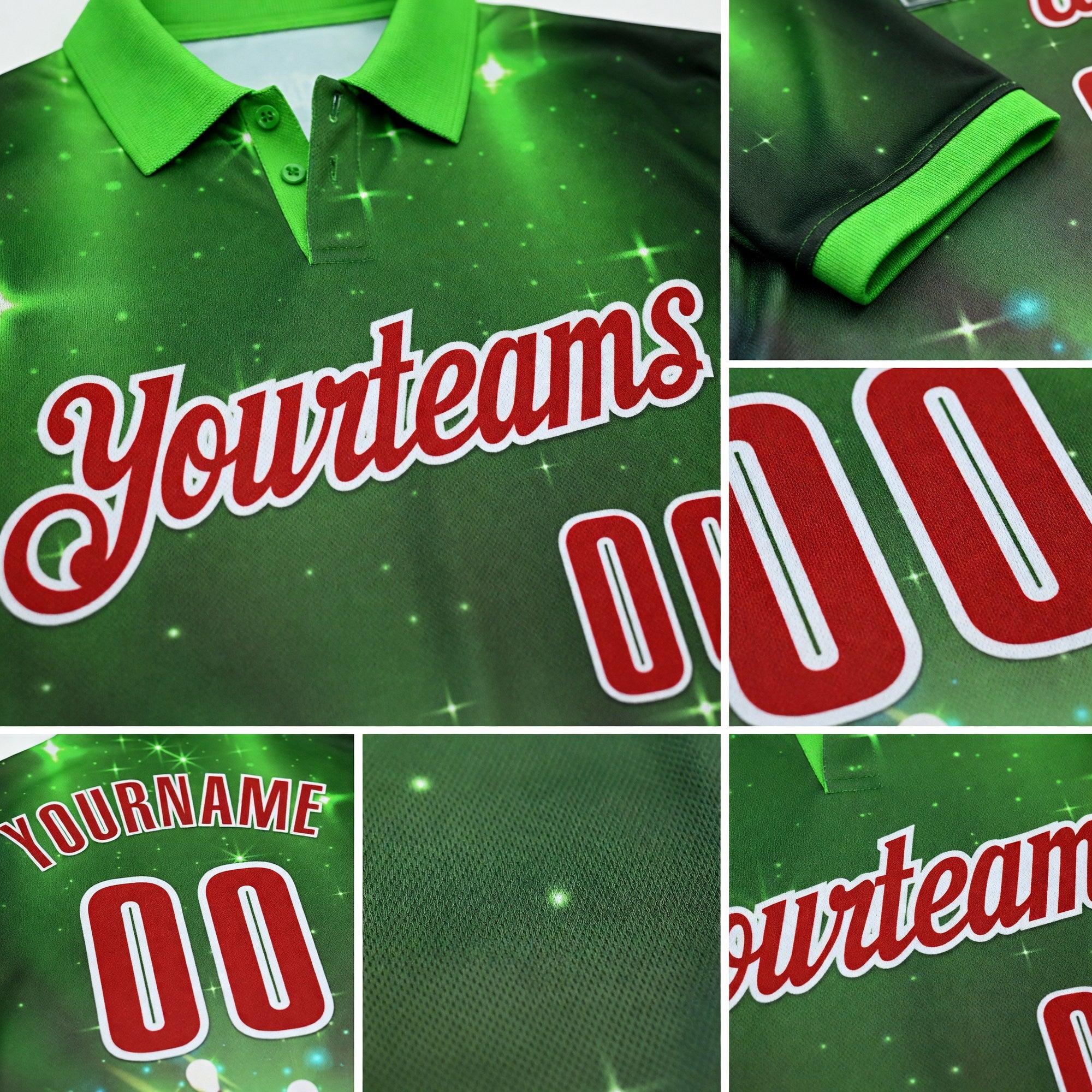 Custom Green Red-White 3D Bowling Bright Star Performance Polo Shirt detail