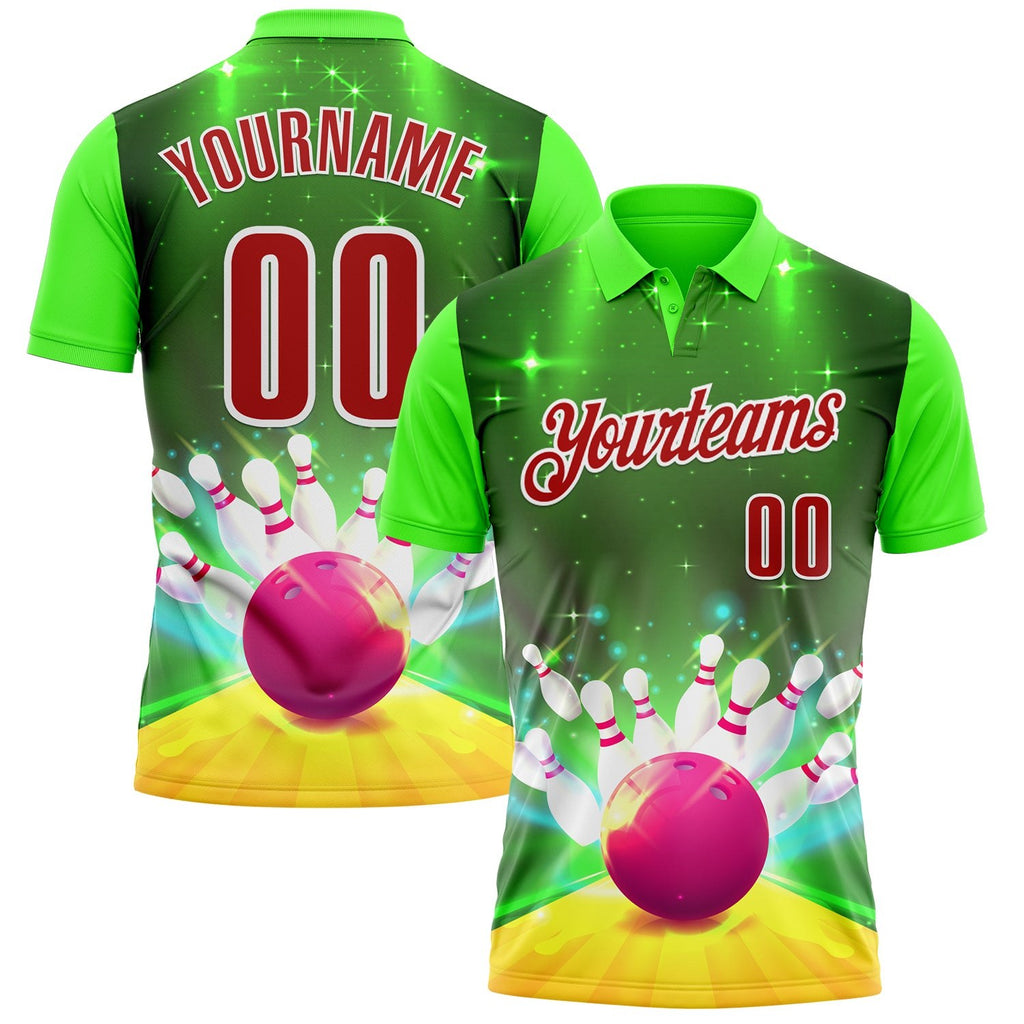 Custom Green Red-White 3D Bowling Bright Star Performance Polo Shirt photo 1