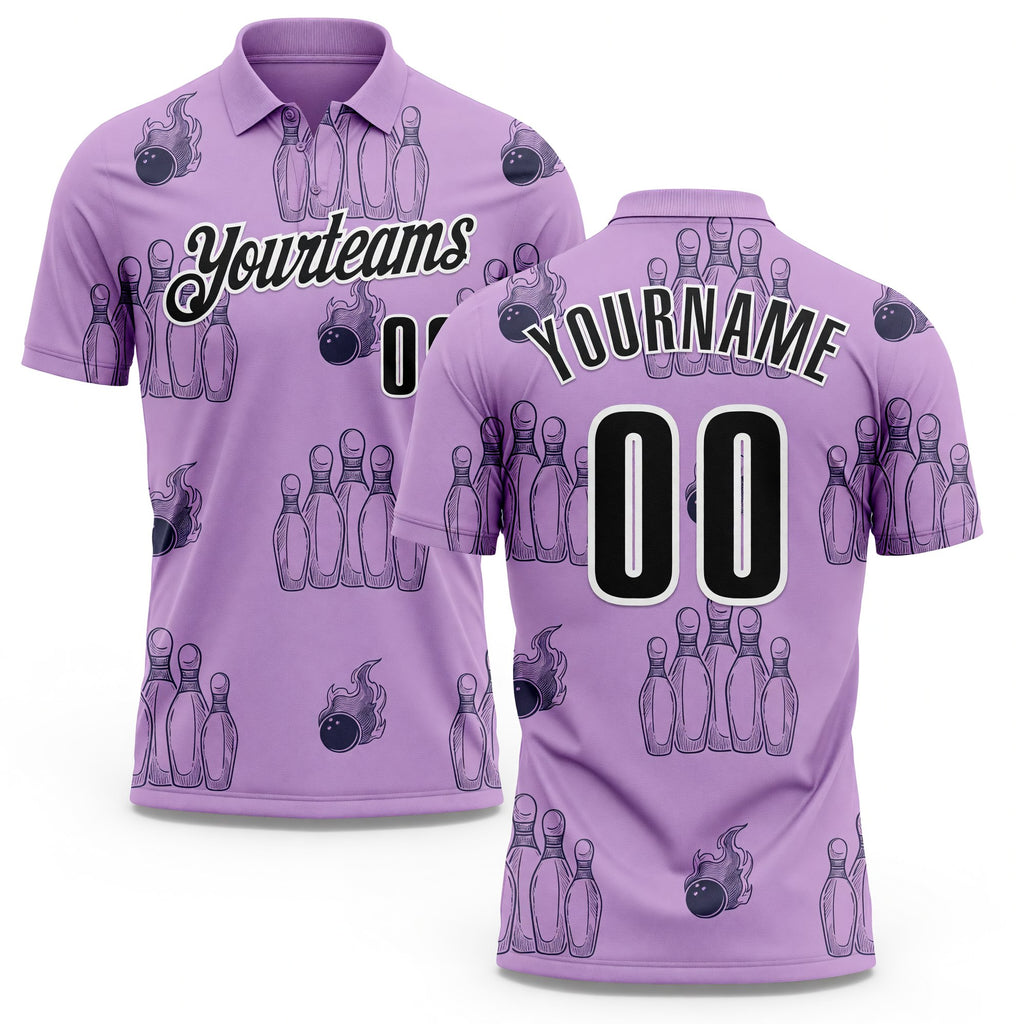 Custom Light Purple Black-White 3D Bowling Flaming Ball Performance Polo Shirt