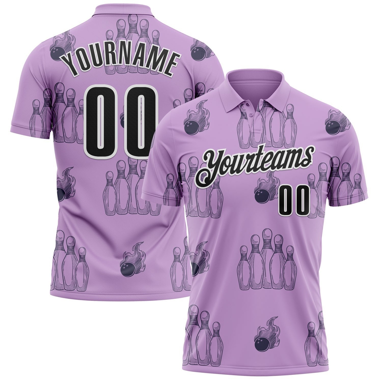 Custom Light Purple Black-White 3D Bowling Flaming Ball Performance Polo Shirt photo 1