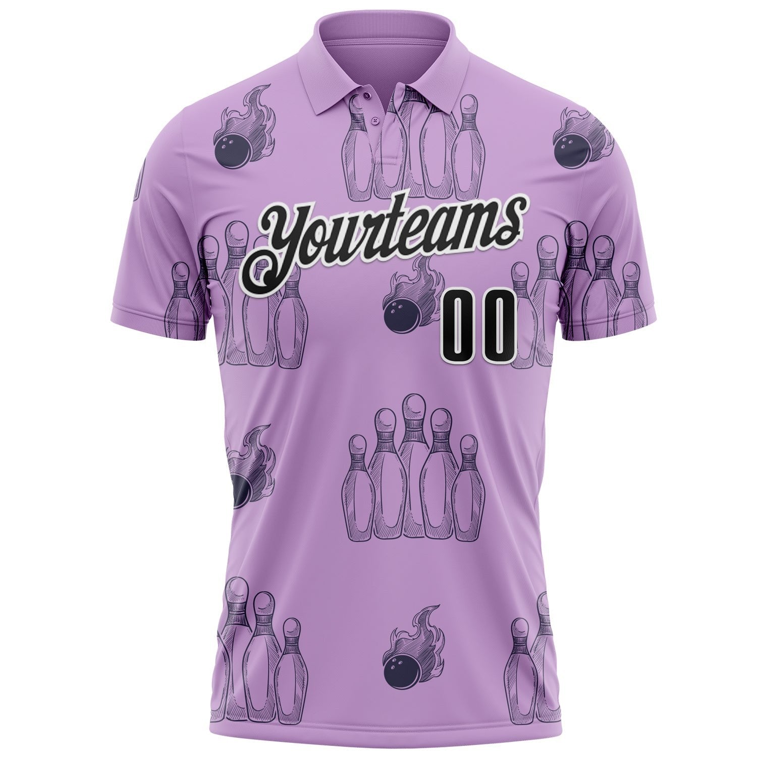 Custom Light Purple Black-White 3D Bowling Flaming Ball Performance Polo Shirt photo 2