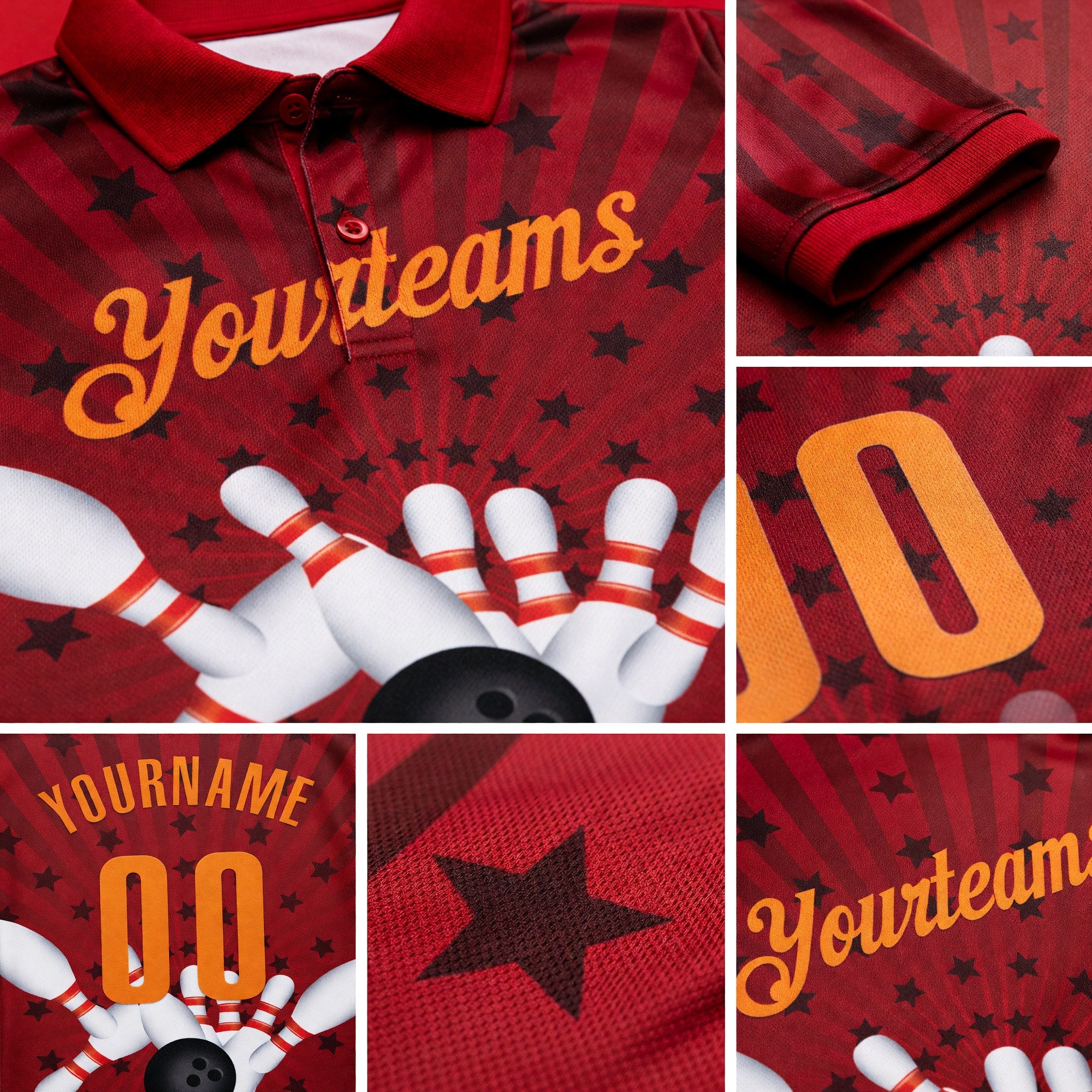 Custom Crimson Bay Orange 3D Bowling Star Performance Polo Shirt detail