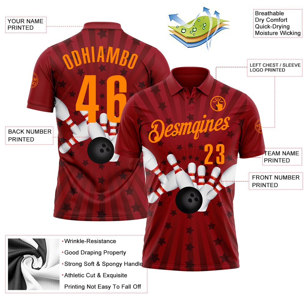 Custom Crimson Bay Orange 3D Bowling Star Performance Polo Shirt photo 3