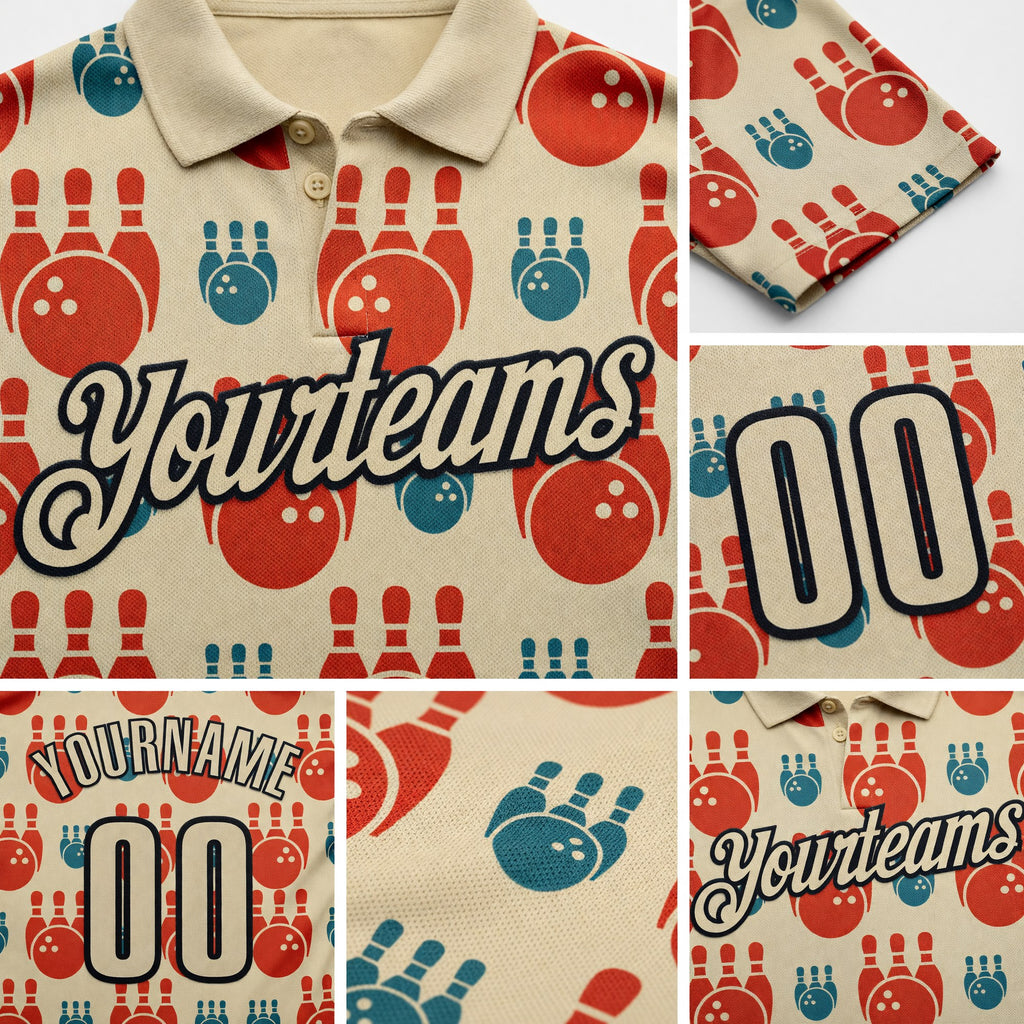 Custom Cream Black 3D Bowling Performance Polo Shirt detail