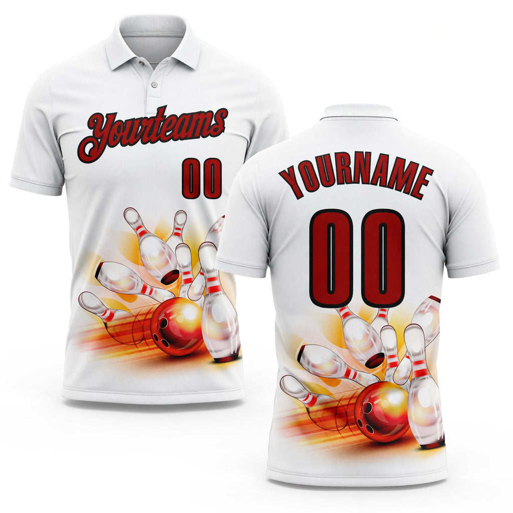 Custom White Red-Black 3D Bowling Performance Polo Shirt